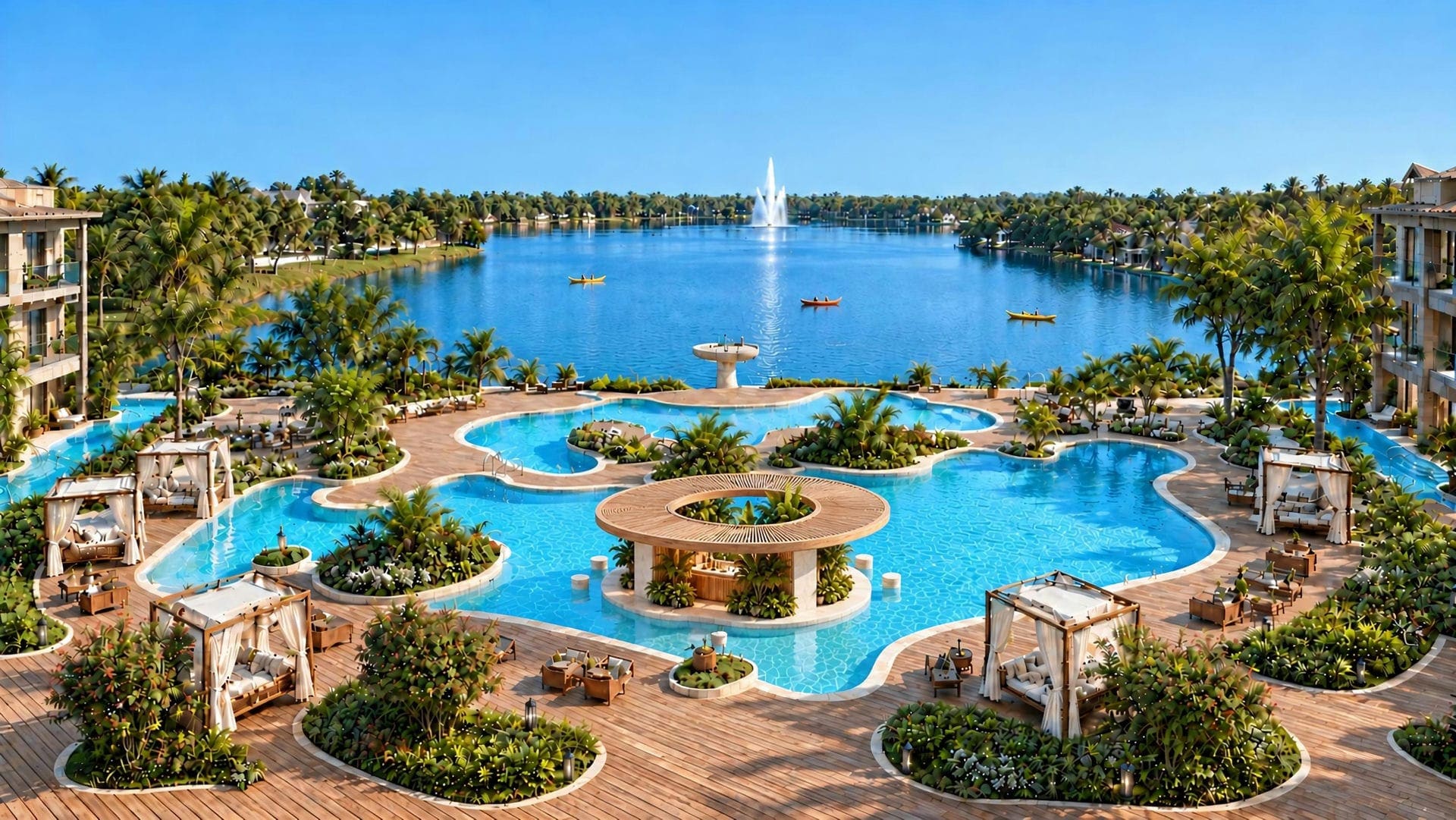 Lagoon, pool deck and poolside bar
