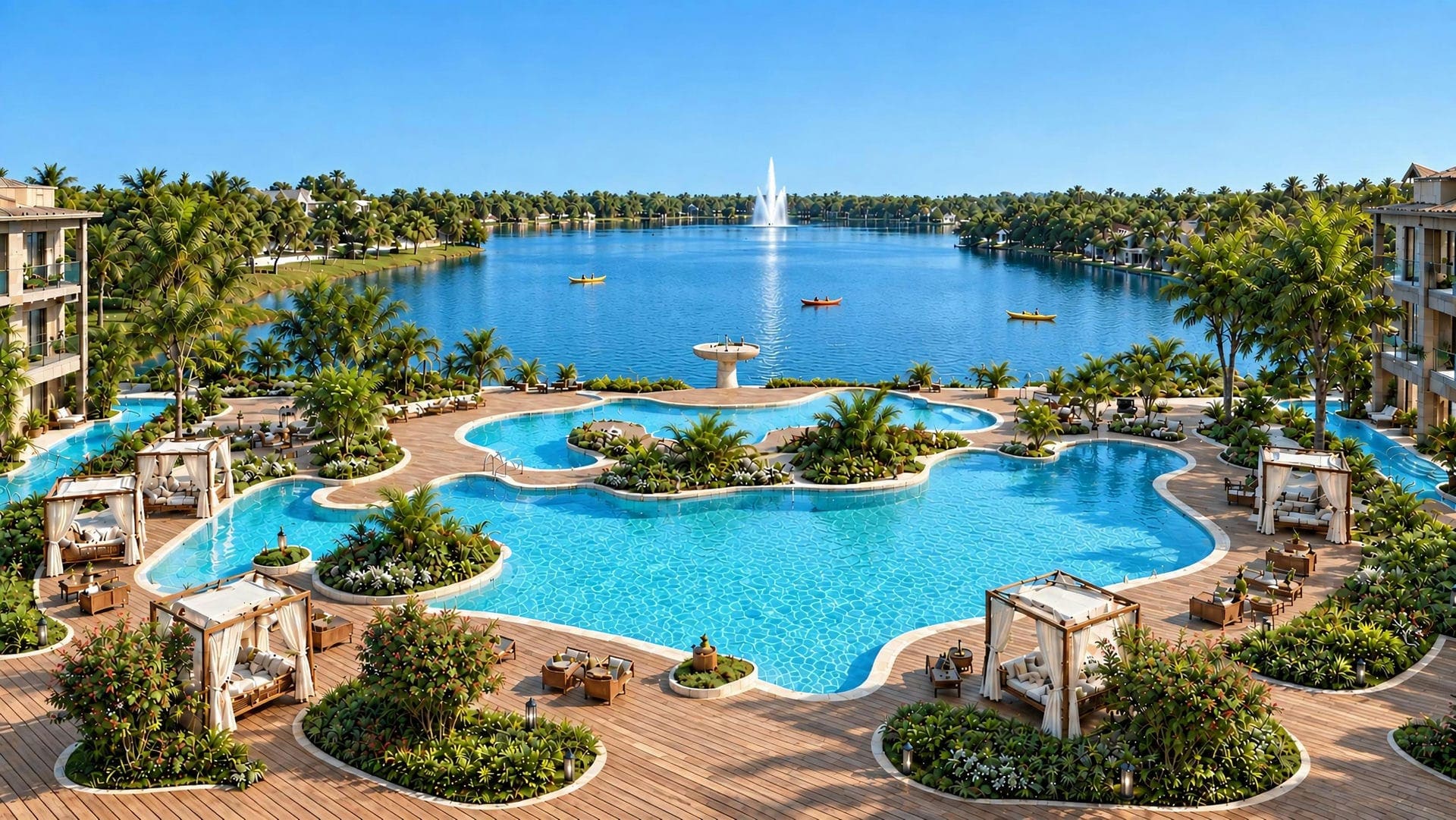 The resort and the Golden Lakes lagoon from above