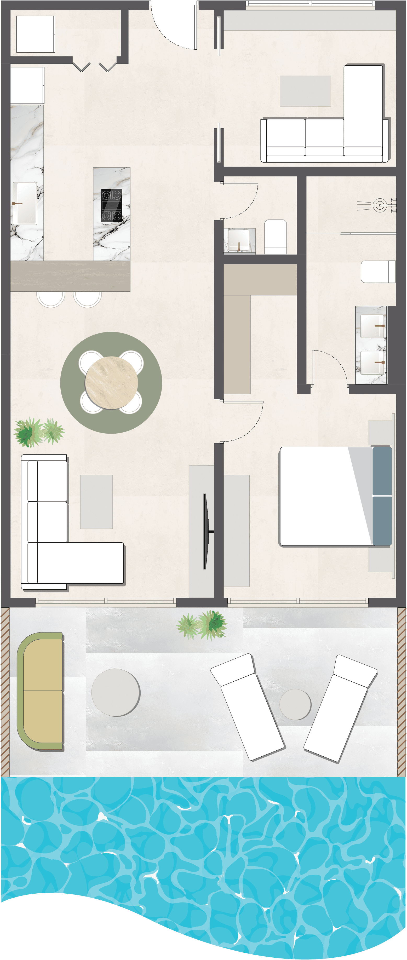 Floor plan of the one bedroom residence: open kitchen, living and dining along one side, bedroom with en-suite beyond, and a terrace with sun loungers running the full width to the pool edge.
