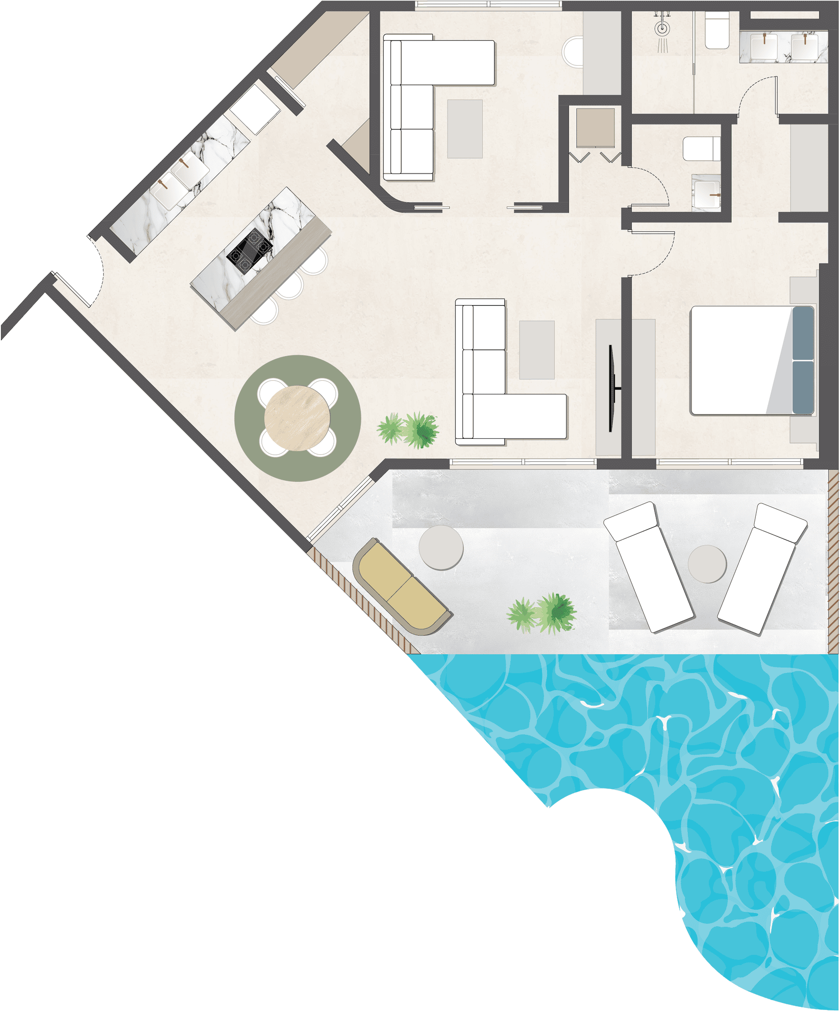 Floor plan of the one bedroom corner residence: the living and kitchen open onto a chamfered corner wall, with the bedroom and en-suite to one side and a terrace running down to the pool.