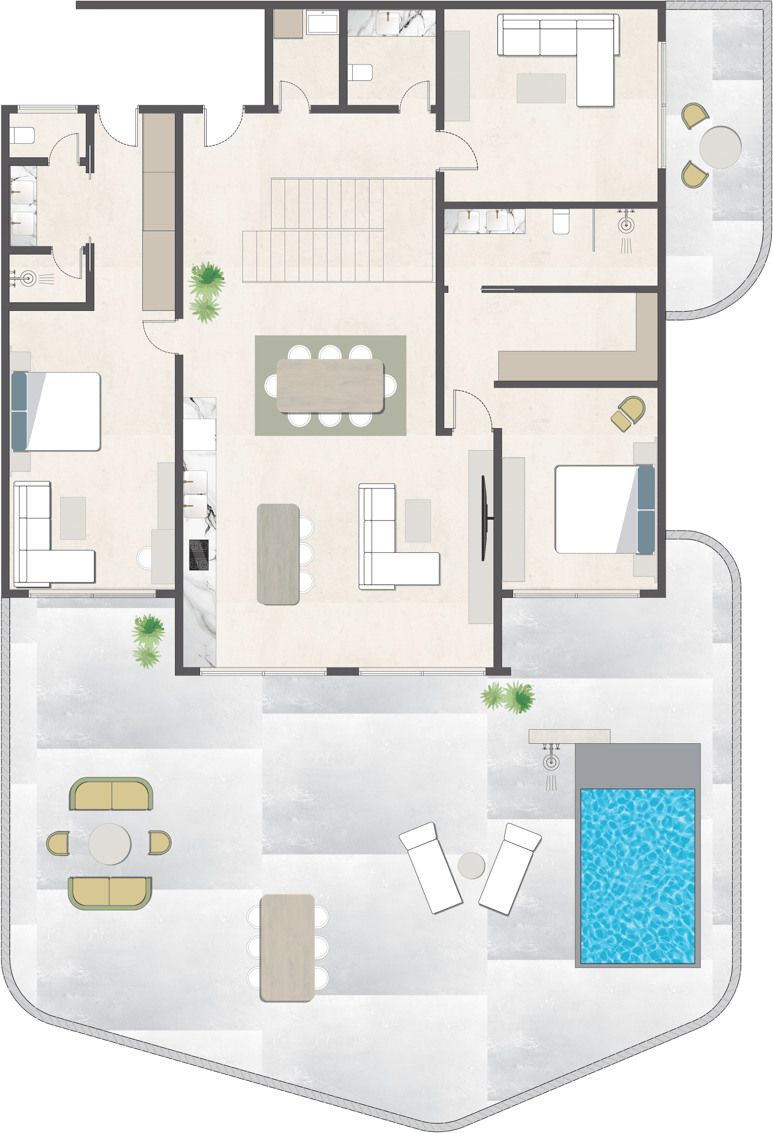 Lower level of the three bedroom duplex: open living, kitchen and dining around a staircase, two bedroom suites either side, and a wraparound terrace with a private pool.