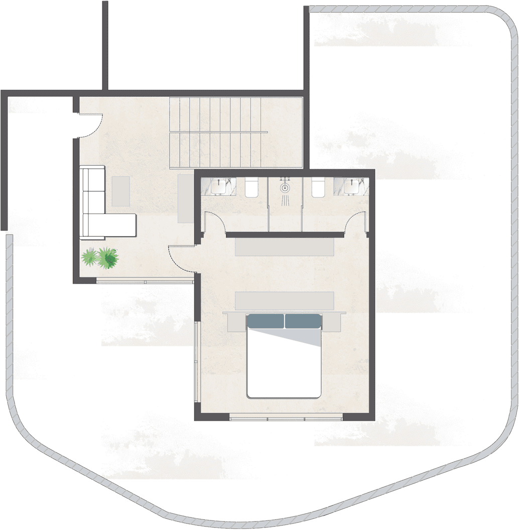 Upper level of the three bedroom duplex: the staircase arrives beside a lounge, with the principal bedroom suite and its en-suite alongside, opening onto a roof terrace.