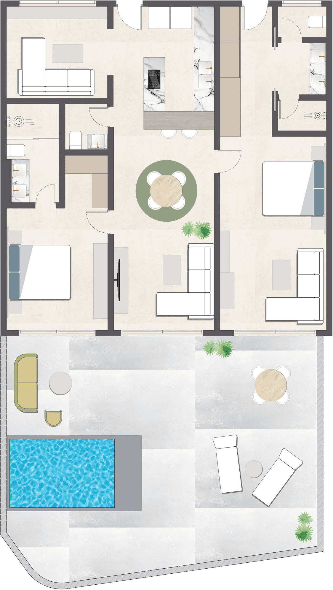 Floor plan of the two bedroom residence: central living, kitchen and dining with a bedroom and en-suite at each end, opening onto a terrace with a private pool.