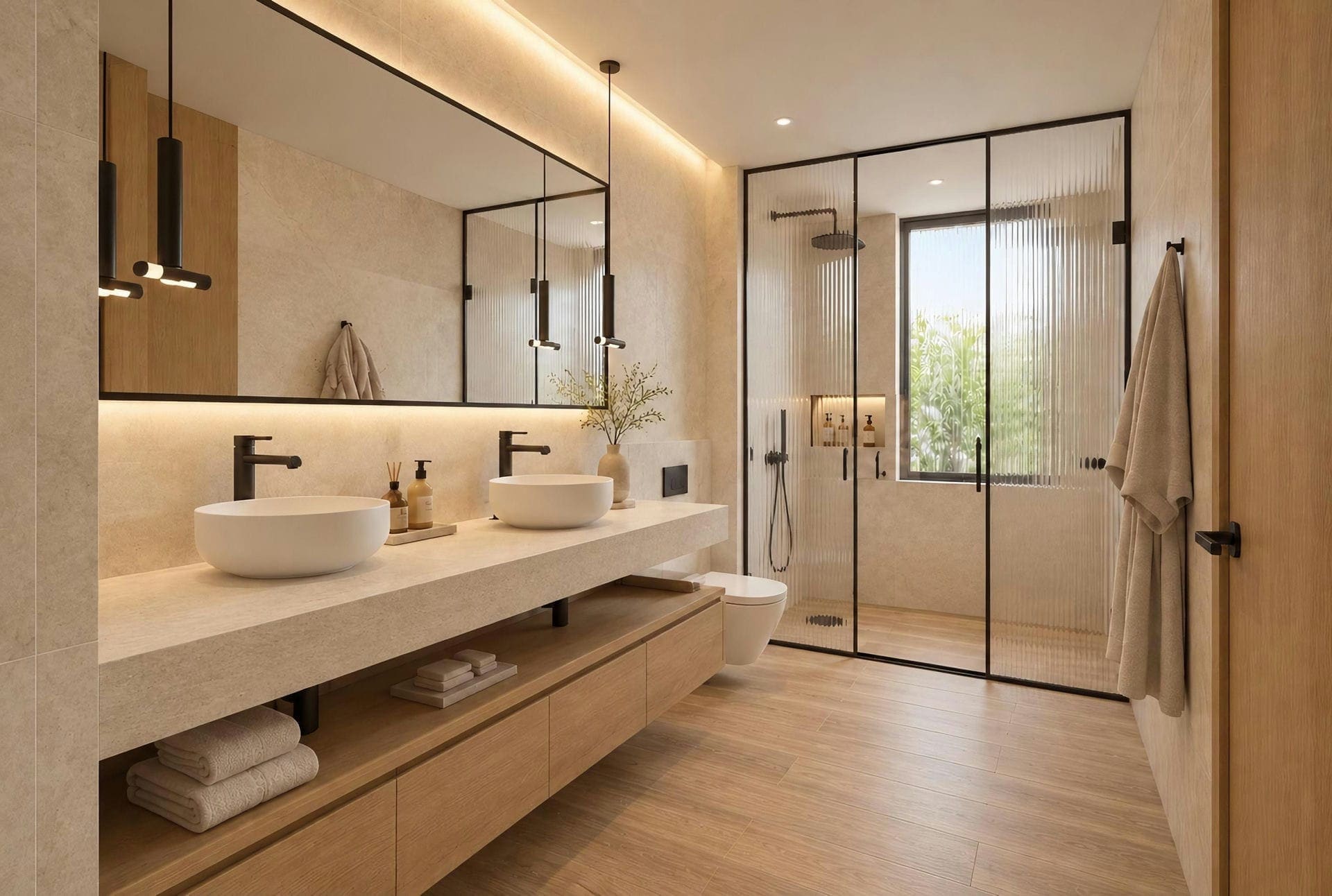 Bathroom with twin basins and walk-in shower