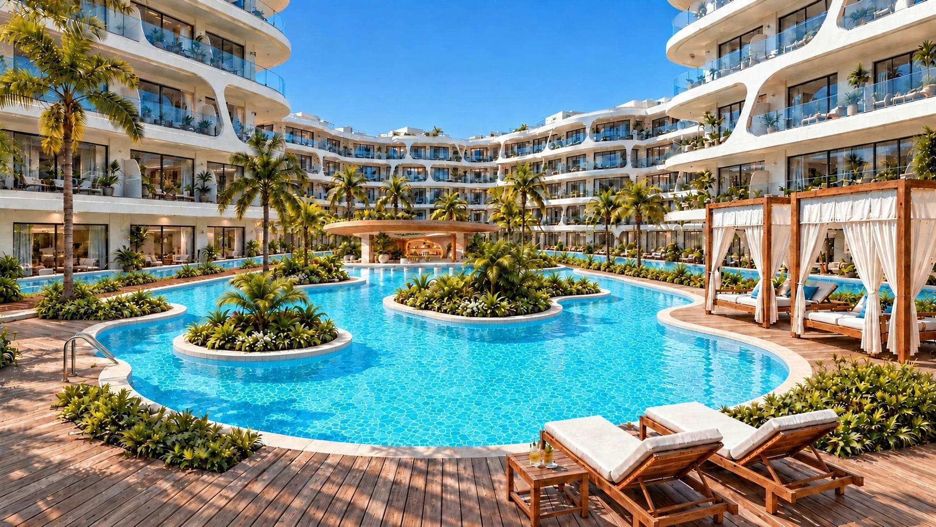 Exterior of the Wyndham Grand Cap Cana residences with the main pool and palm-lined deck.