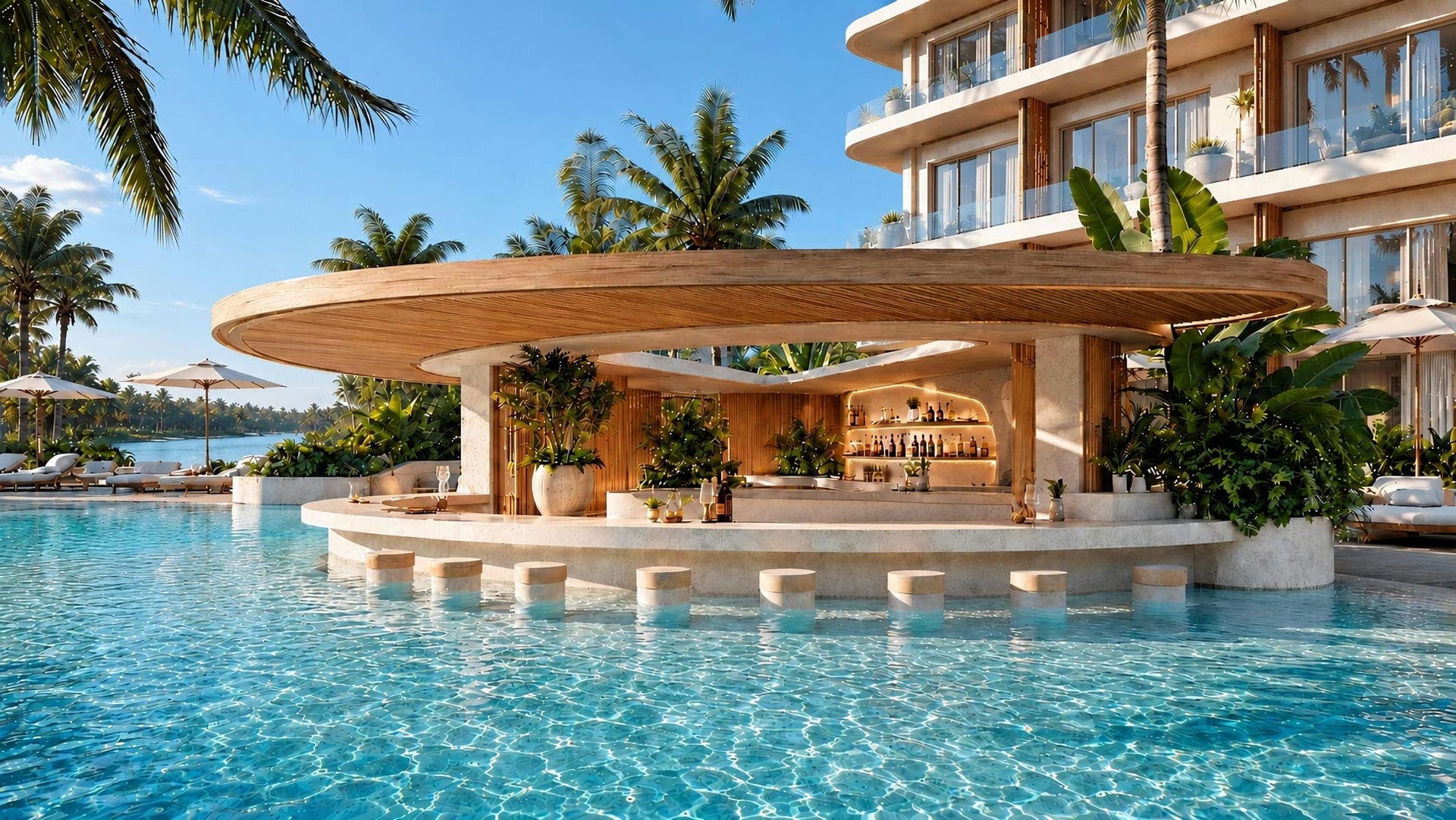Resort pool with swim-up bar