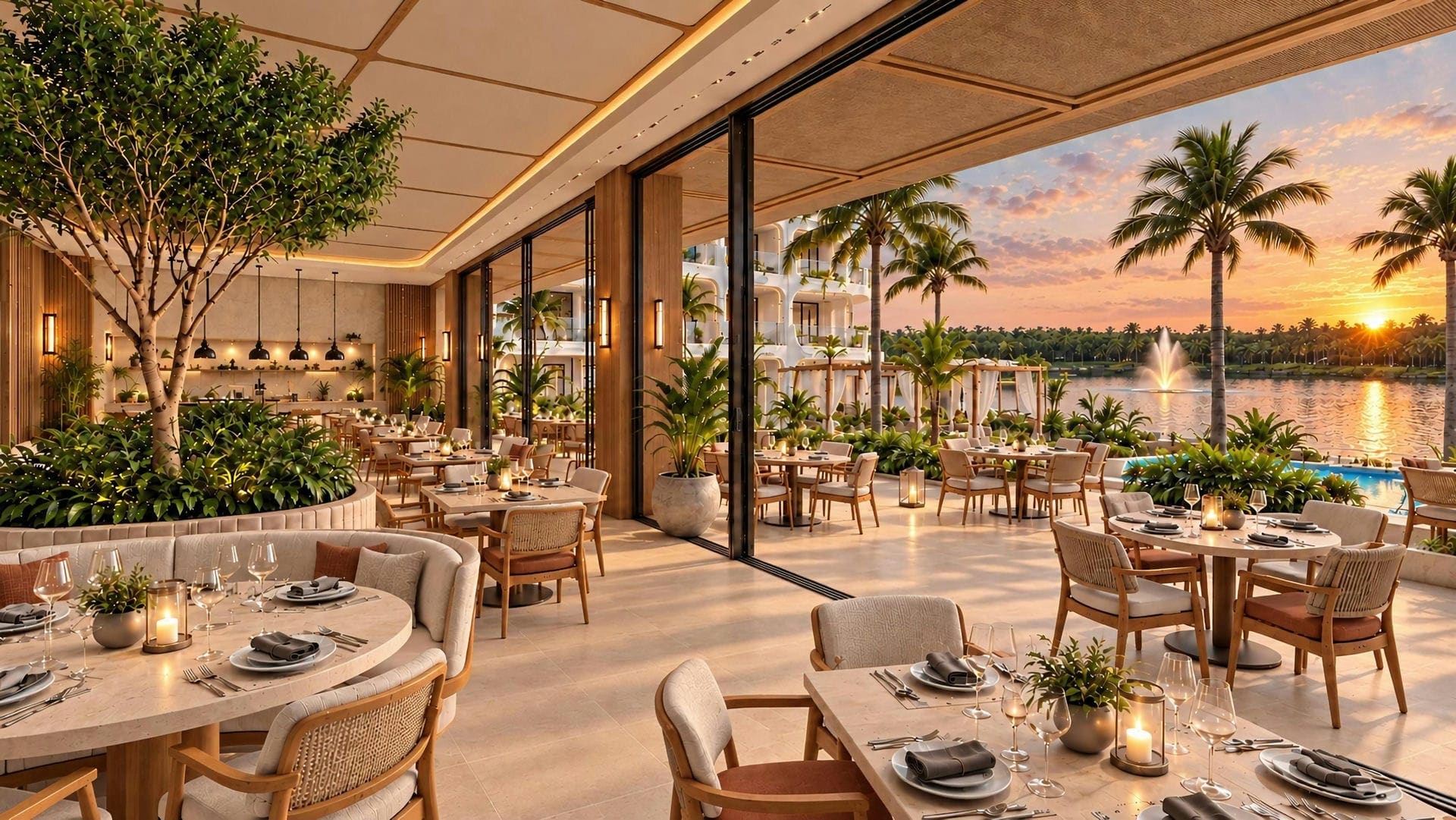Waterfront dining at sunset